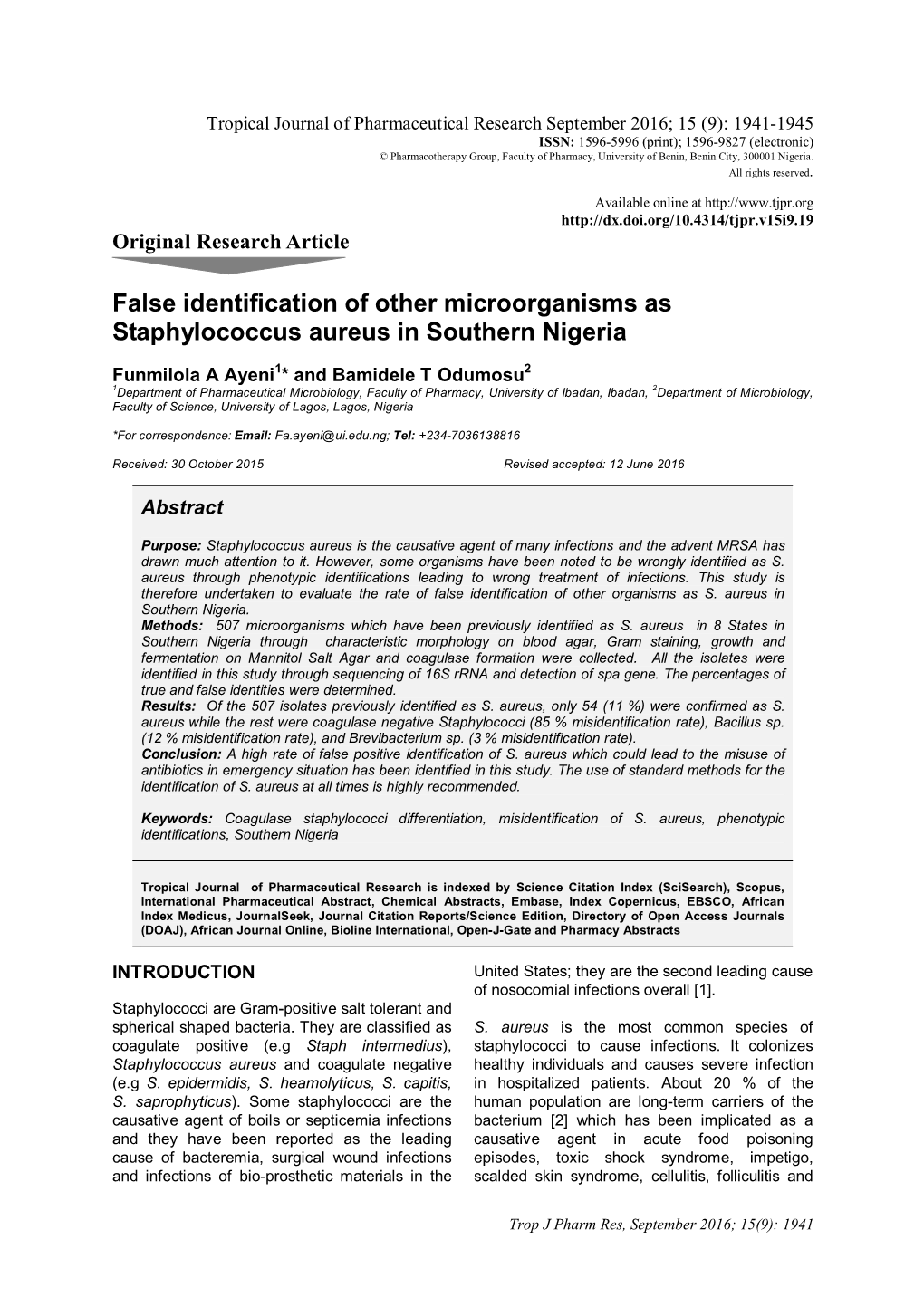 False Identification of Other Microorganisms As Staphylococcus Aureus in Southern Nigeria