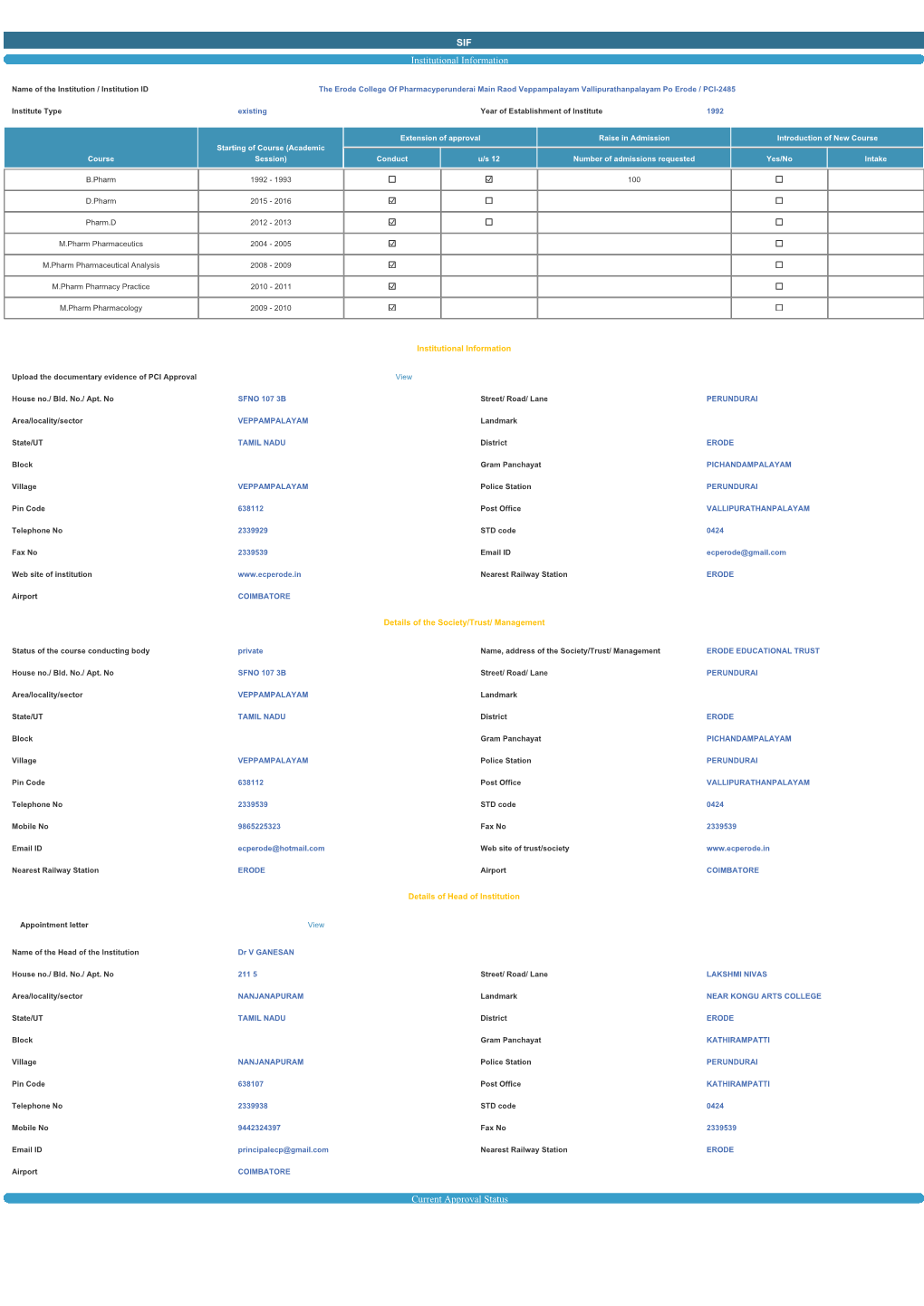 SIF Institutional Information Current