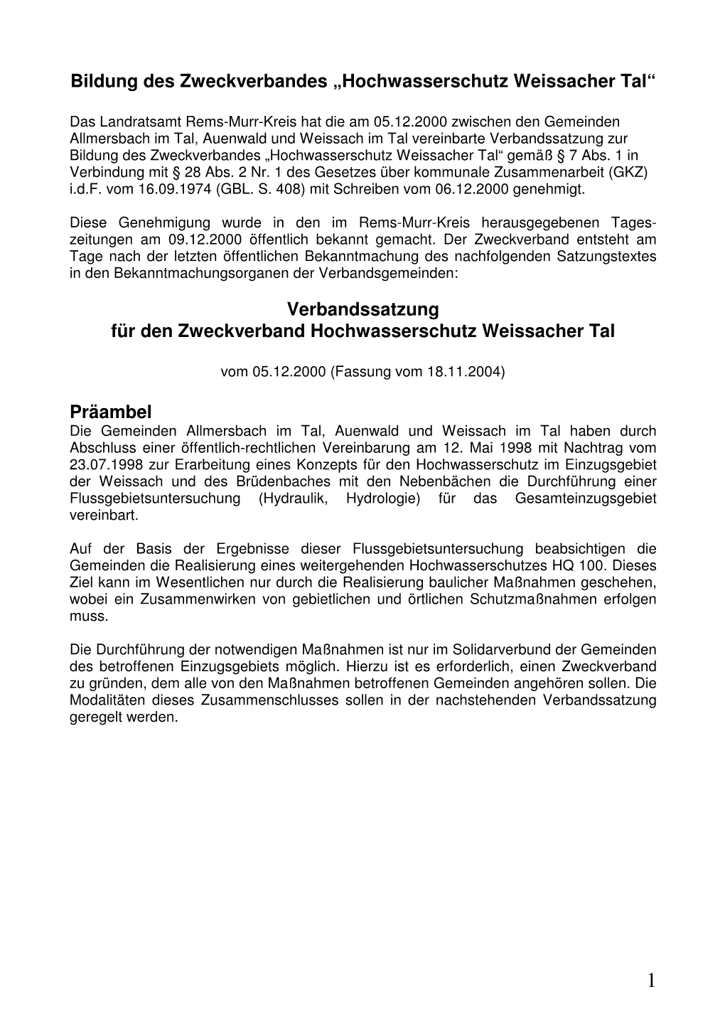 Bildung Des Zweckverbandes „Hochwasserschutz Weissacher Tal“