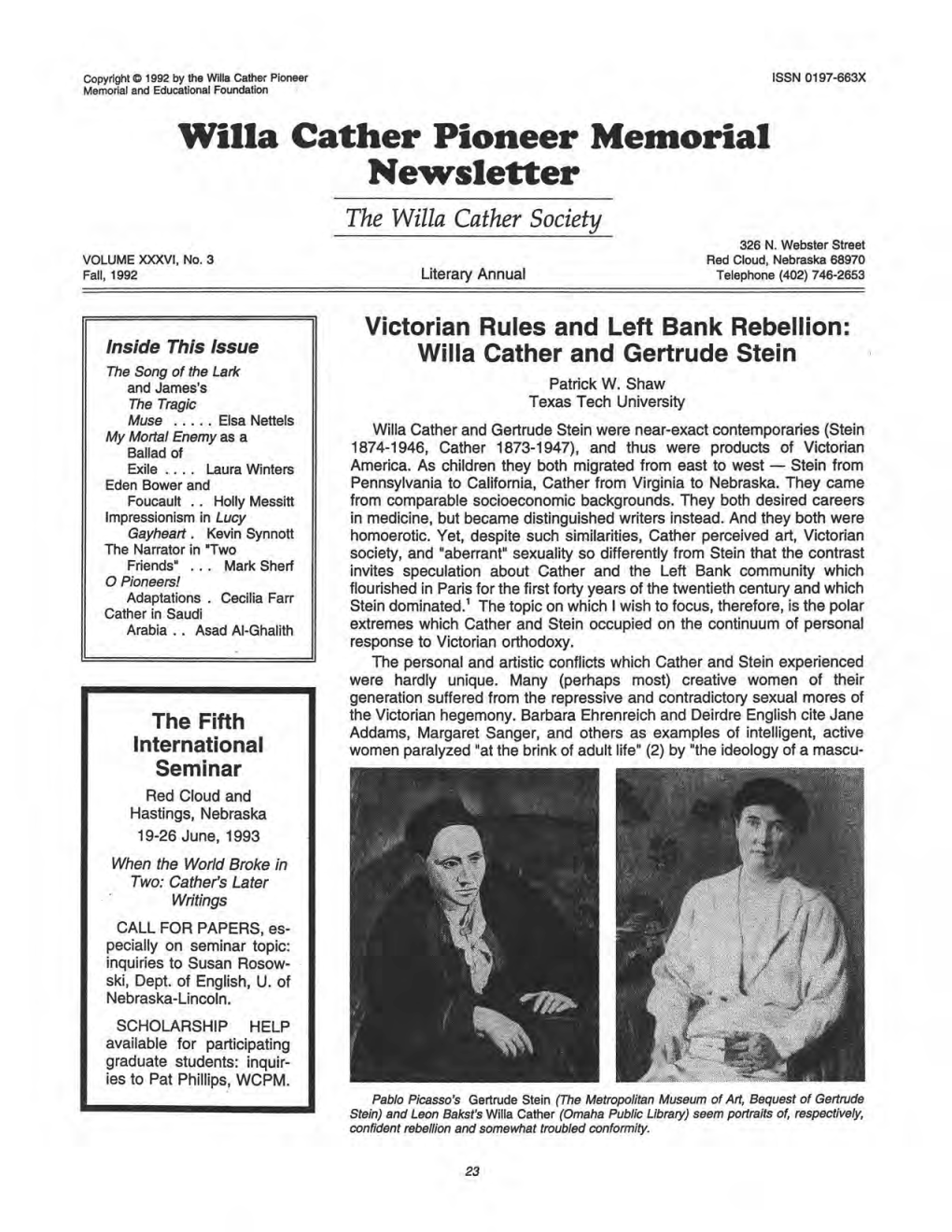 Willa Cather Pioneer Memorial Newsletter the Witla Cather Society 326 N