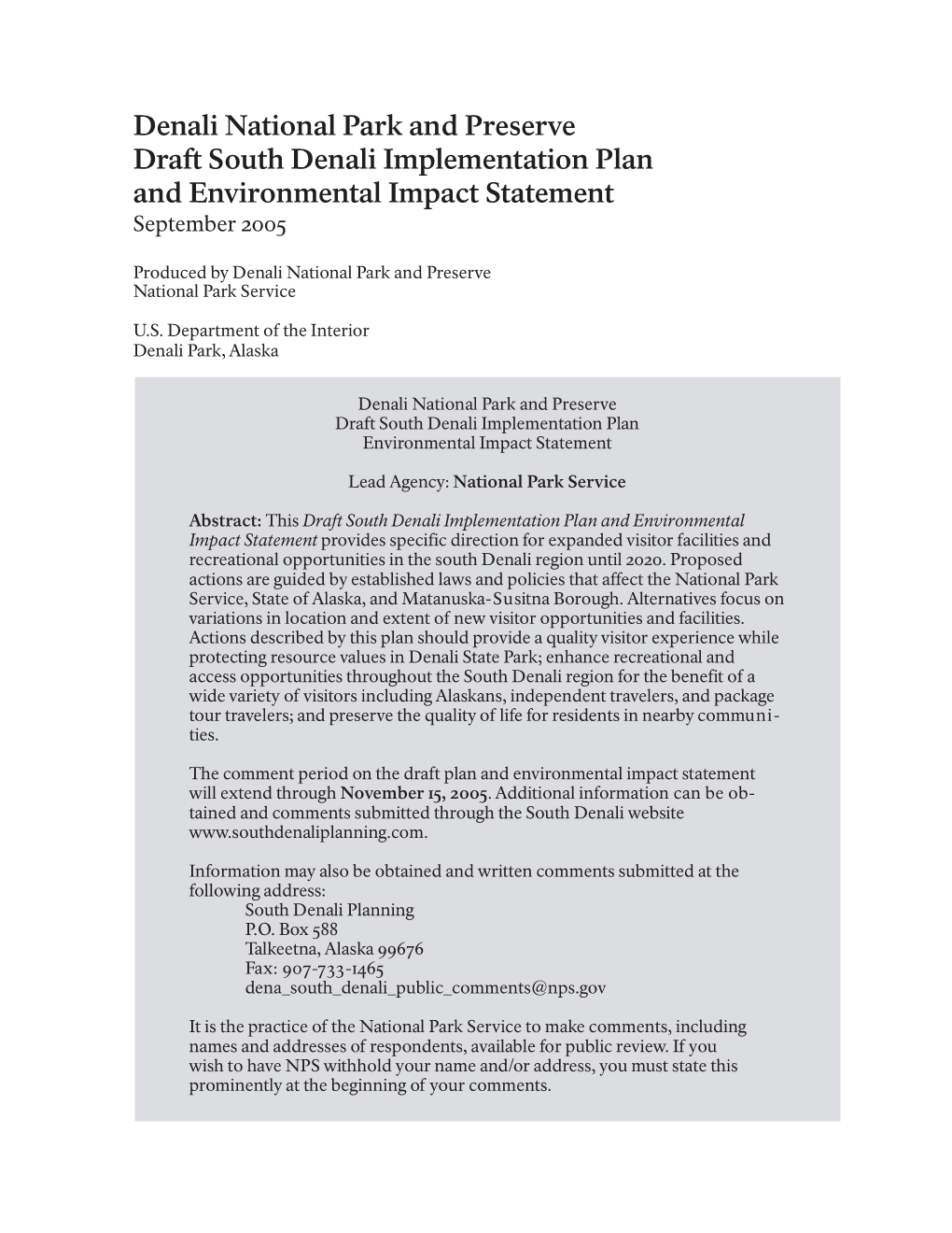 Draft South Denali Implementation Plan and Environmental Impact Statement September 2005