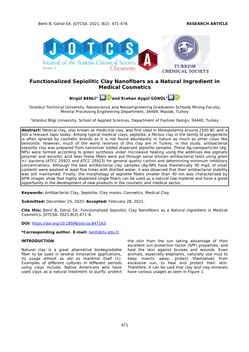 Functionalized Sepiolitic Clay Nanofibers As a Natural Ingredient in Medical Cosmetics