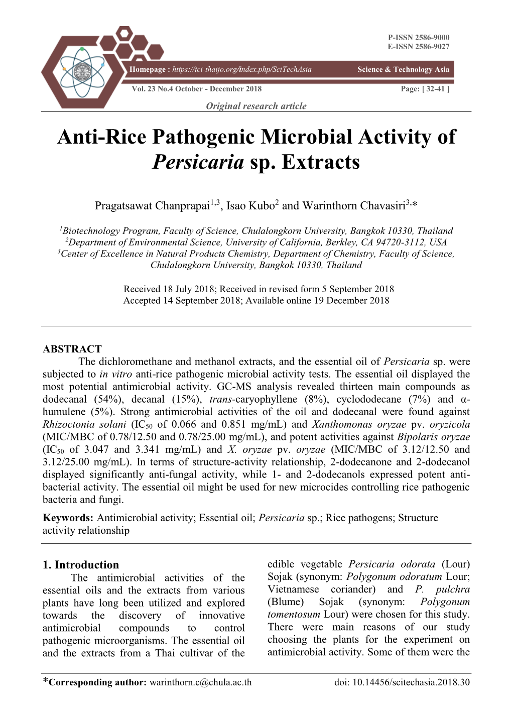 Anti-Rice Pathogenic Microbial Activity of Persicaria Sp. Extracts