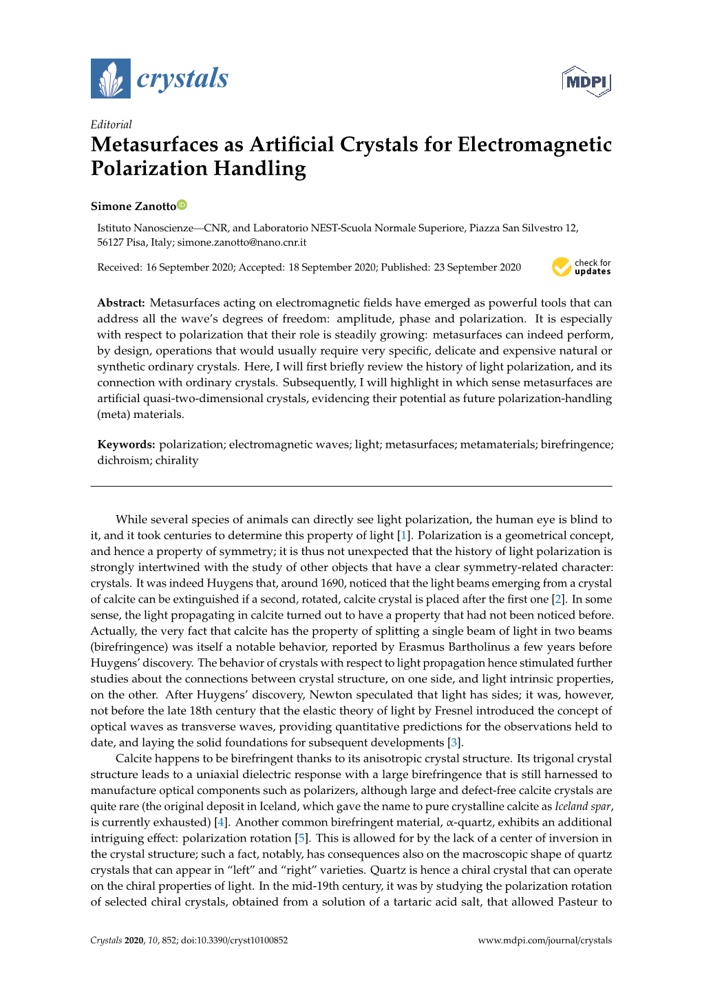 Metasurfaces As Artificial Crystals for Electromagnetic Polarization