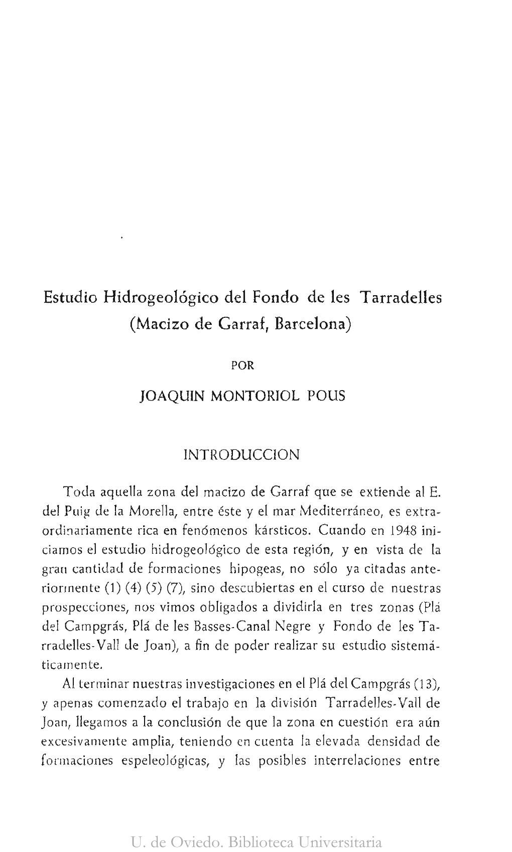 Estudio Hidrogeológico Del Fondo De Les Tarradelles (Macizo De Garraf, Barcelona)