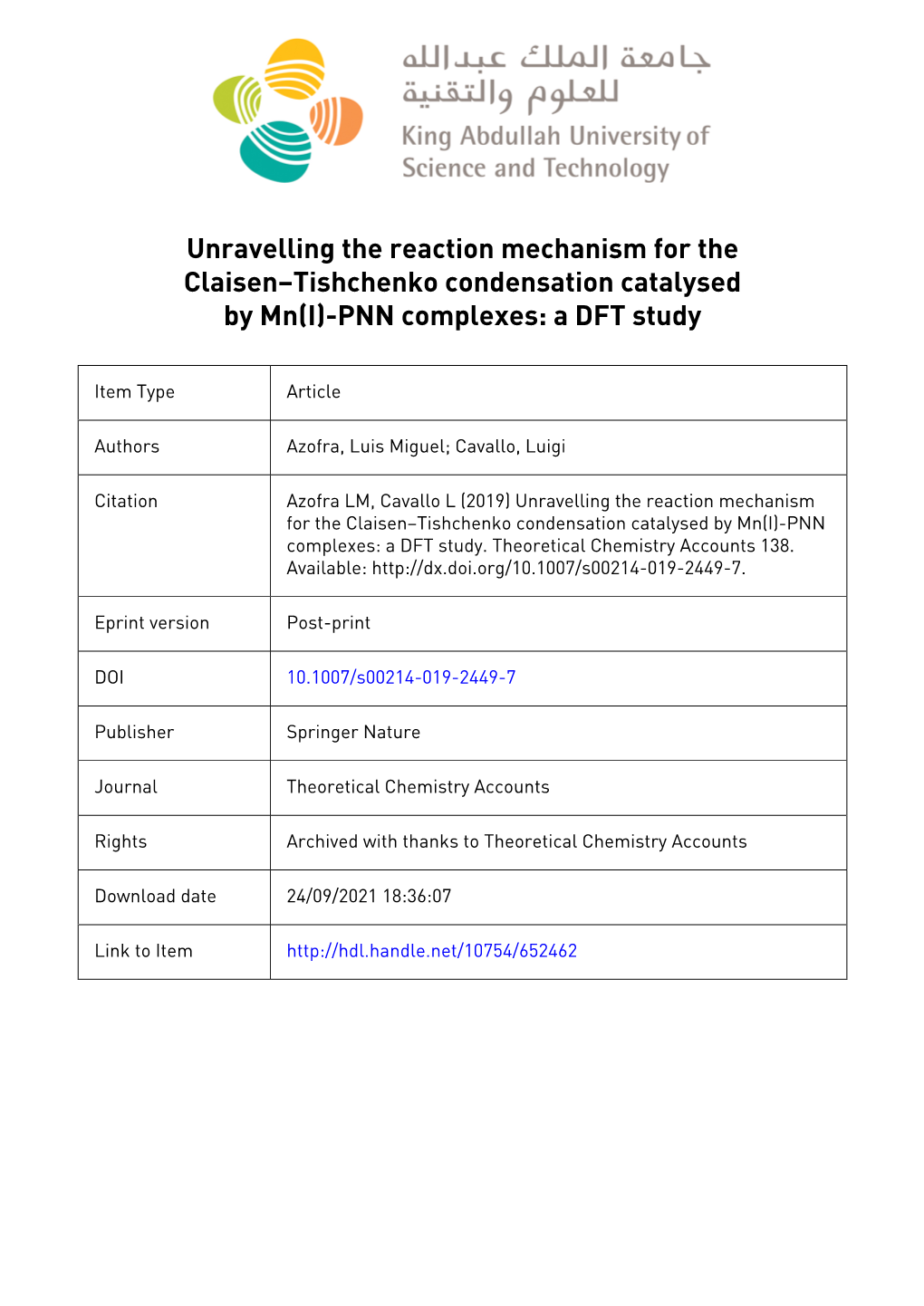 Unravelling the Reaction Mechanism for the Claisen–Tishchenko Condensation Catalysed by Mn(I)-PNN Complexes: a DFT Study