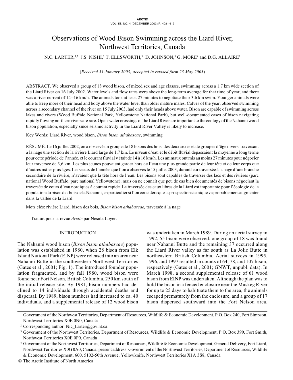 Observations of Wood Bison Swimming Across the Liard River, Northwest Territories, Canada N.C