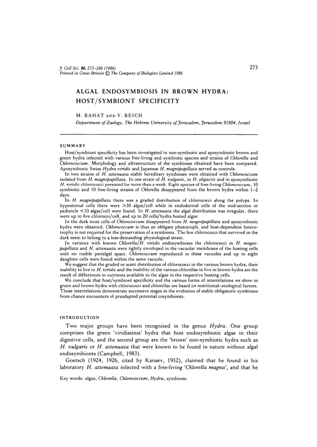 Algal Endosymbiosis in Brown Hydra: Host/Symbiont Specificity