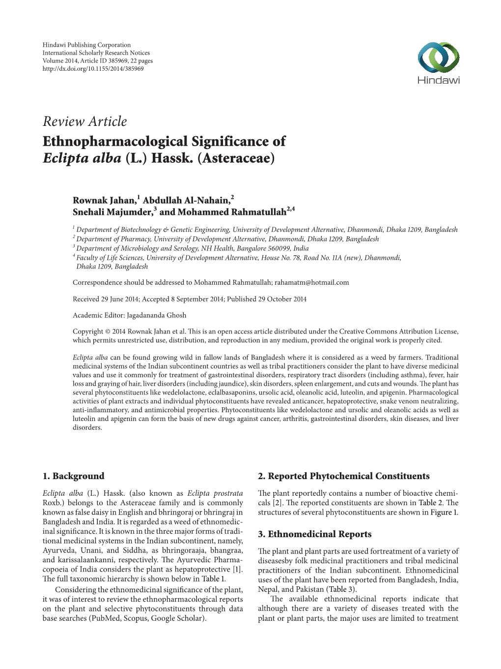 Review Article Ethnopharmacological Significance of Eclipta Alba (L.) Hassk. (Asteraceae)