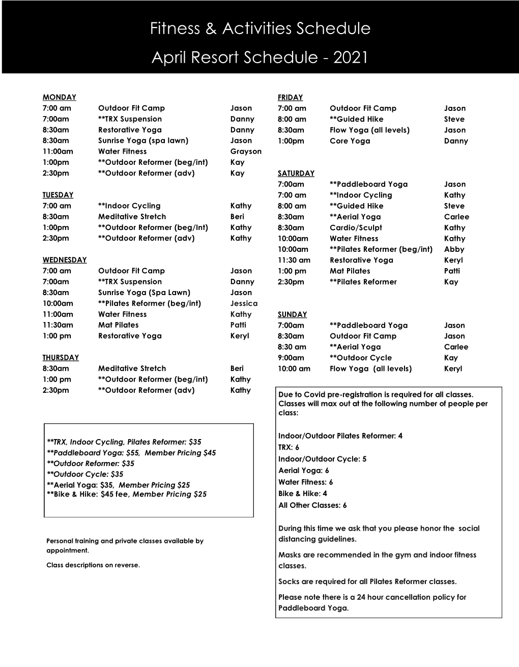 Fitness & Activities Schedule April Resort Schedule