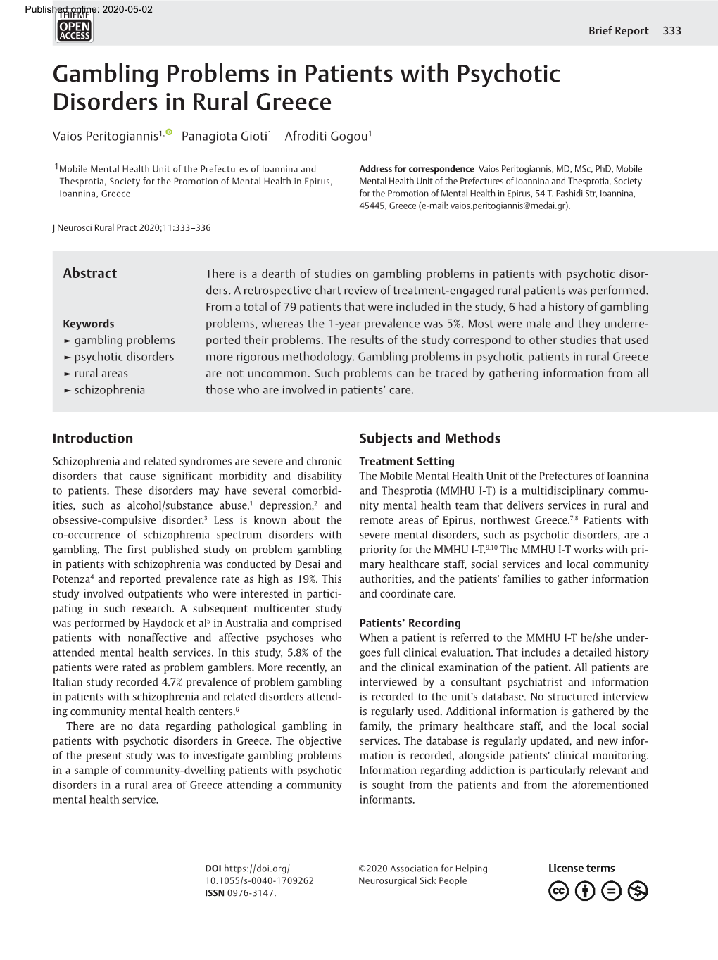 Gambling Problems in Patients with Psychotic Disorders in Rural Greece