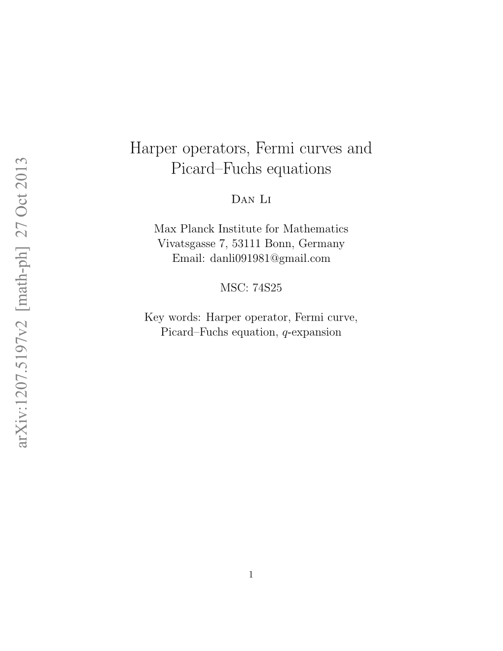 Harper Operators, Fermi Curves and Picard–Fuchs Equations