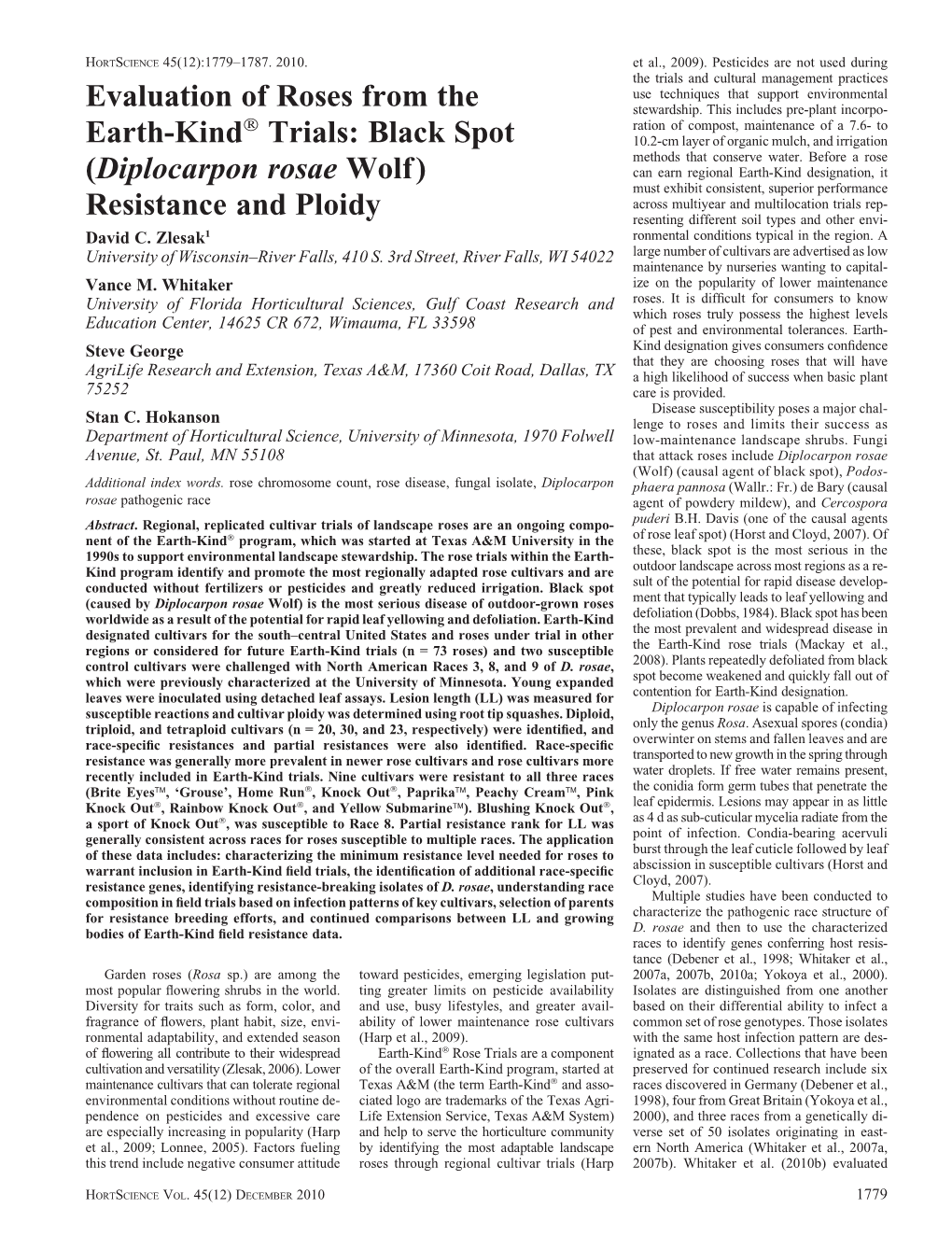 Trials: Black Spot (Diplocarpon Rosae Wolf) Resistance and Ploidy