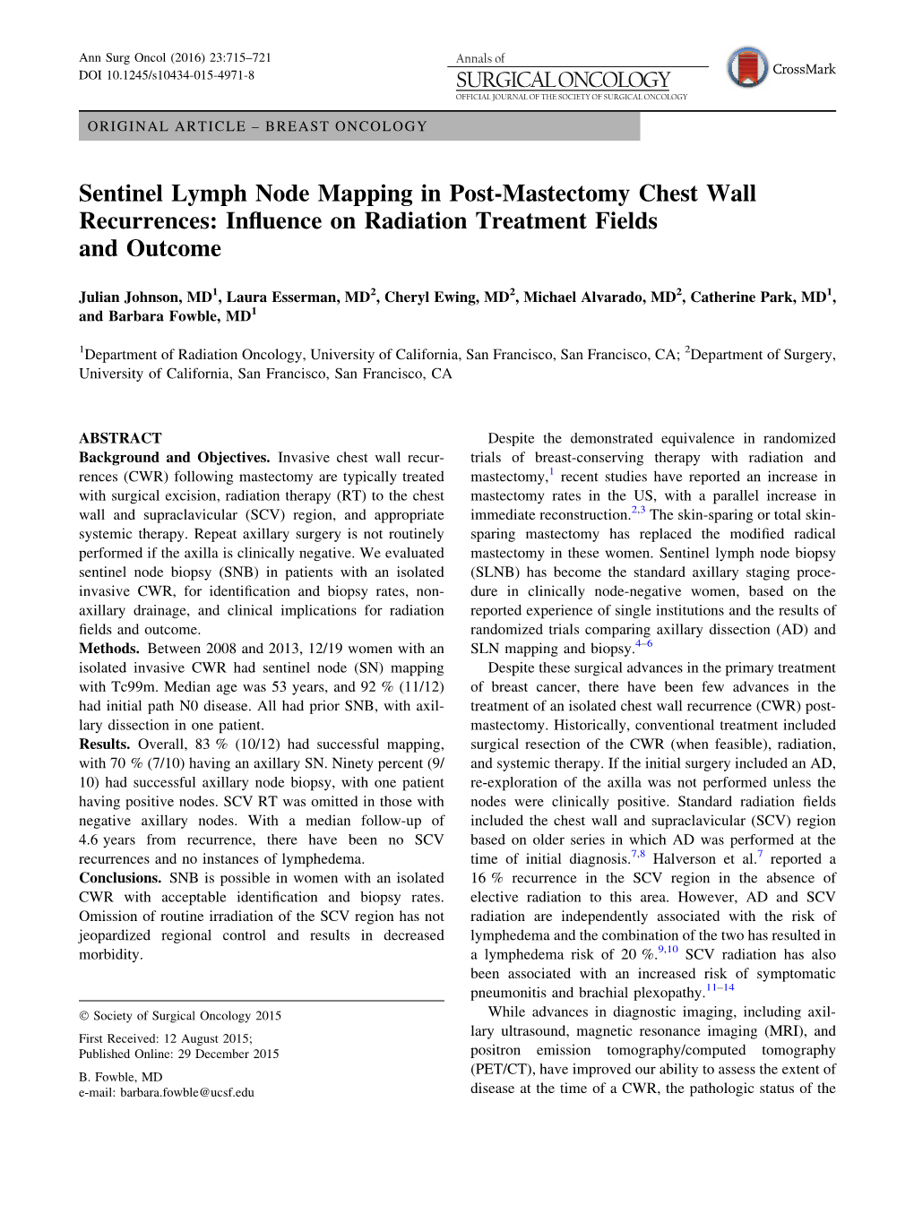 Sentinel Lymph Node Mapping in Post-Mastectomy Chest Wall Recurrences: Inﬂuence on Radiation Treatment Fields and Outcome