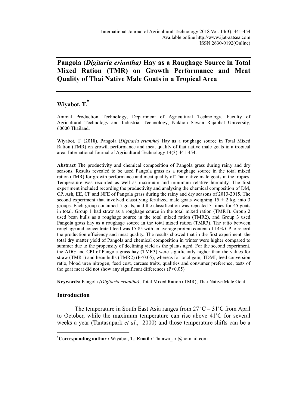 Digitaria Eriantha) Hay As a Roughage Source in Total Mixed Ration (TMR) on Growth Performance and Meat Quality of Thai Native Male Goats in a Tropical Area