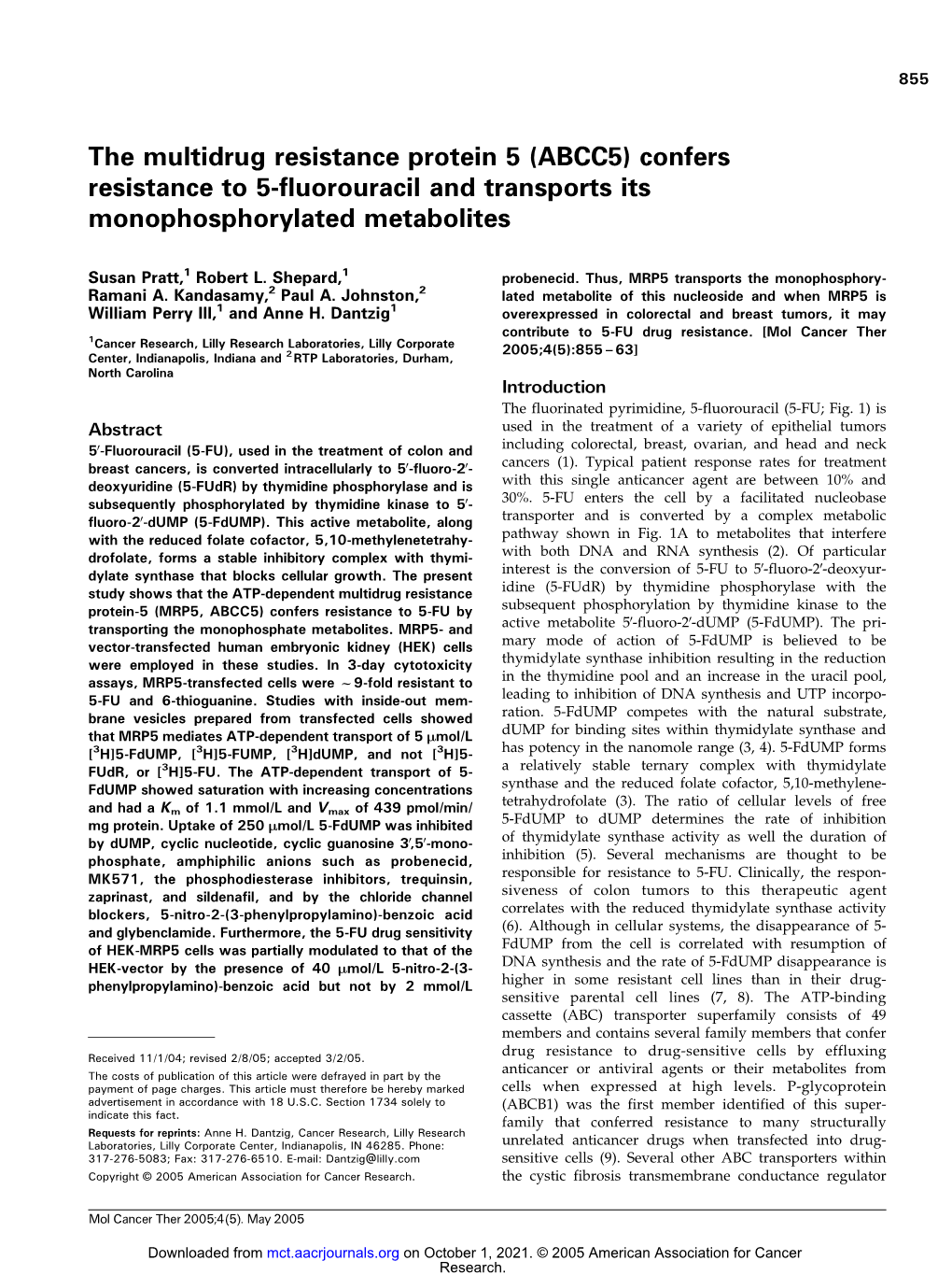 The Multidrug Resistance Protein 5 (ABCC5) Confers Resistance to 5-Fluorouracil and Transports Its Monophosphorylated Metabolites