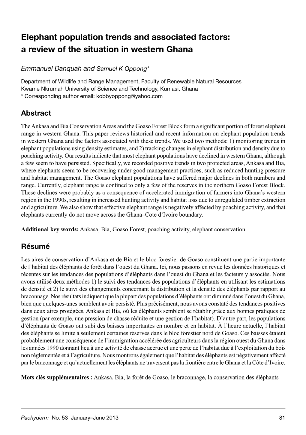 Elephant Population Trends and Associated Factors in Western Ghana