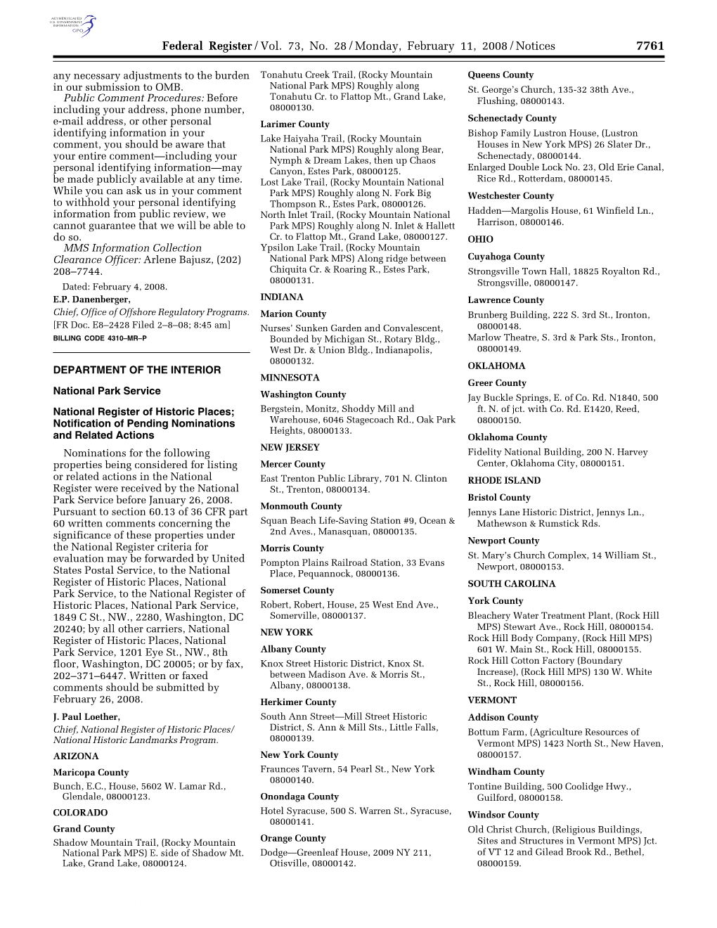 Federal Register/Vol. 73, No. 28/Monday, February 11, 2008