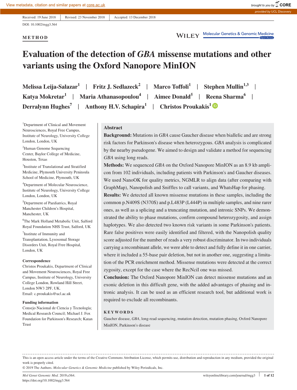 Evaluation of the Detection of GBA Missense Mutations and Other Variants Using the Oxford Nanopore Minion