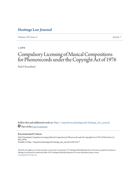 Compulsory Licensing of Musical Compositions for Phonorecords Under the Copyright Act of 1976 Paul S