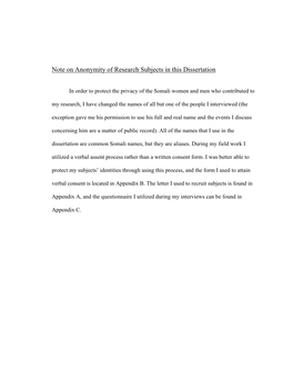 Note on Anonymity of Research Subjects in This Dissertation