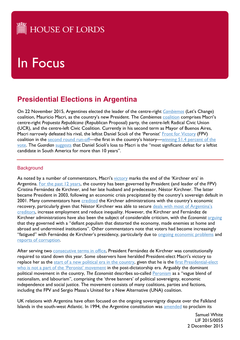 Presidential Elections in Argentina
