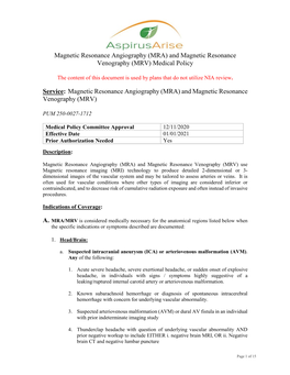 (MRA) and Magnetic Resonance Venography (MRV) Medical Policy