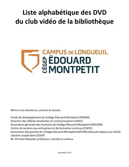 Liste Alphabétique Des DVD Du Club Vidéo De La Bibliothèque