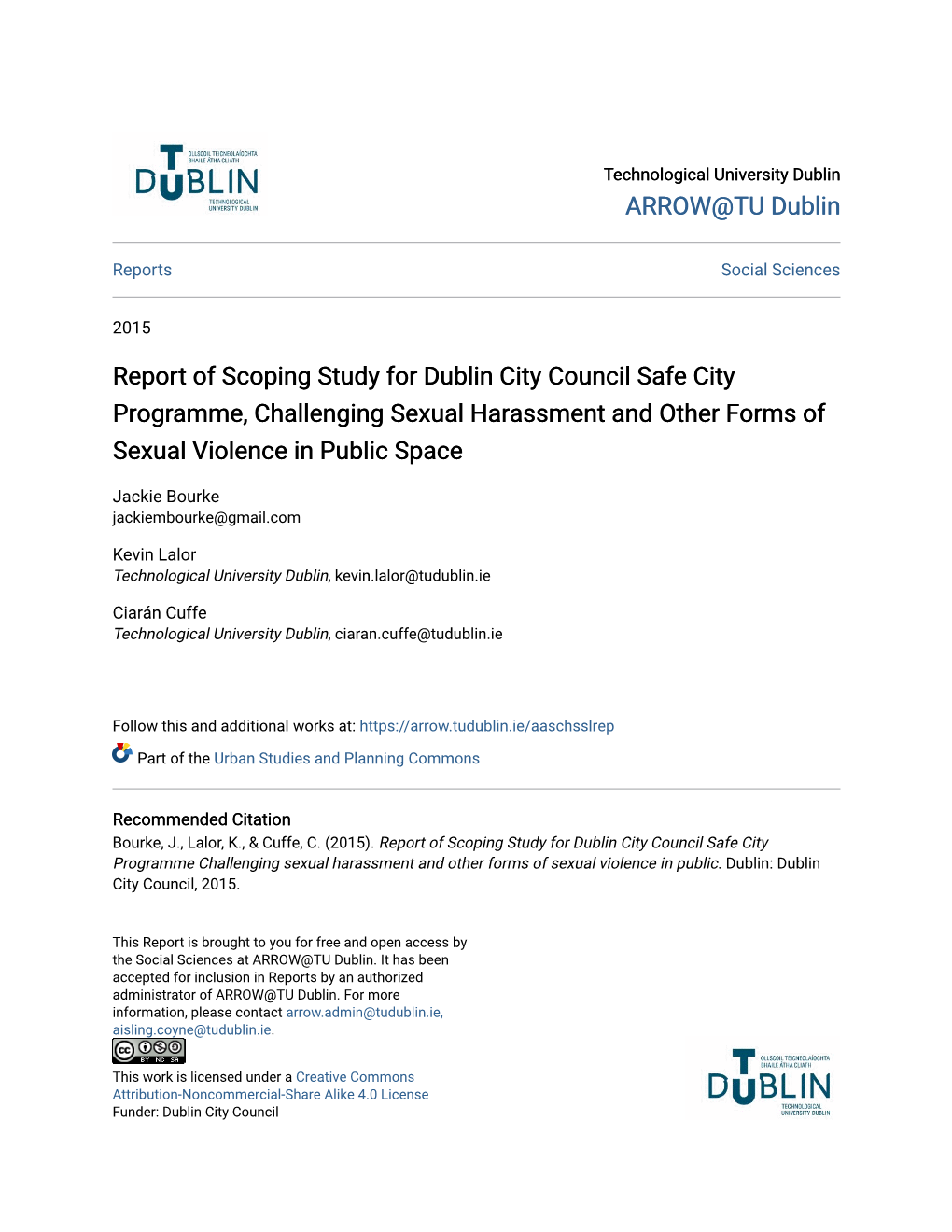 Report of Scoping Study for Dublin City Council Safe City Programme, Challenging Sexual Harassment and Other Forms of Sexual Violence in Public Space