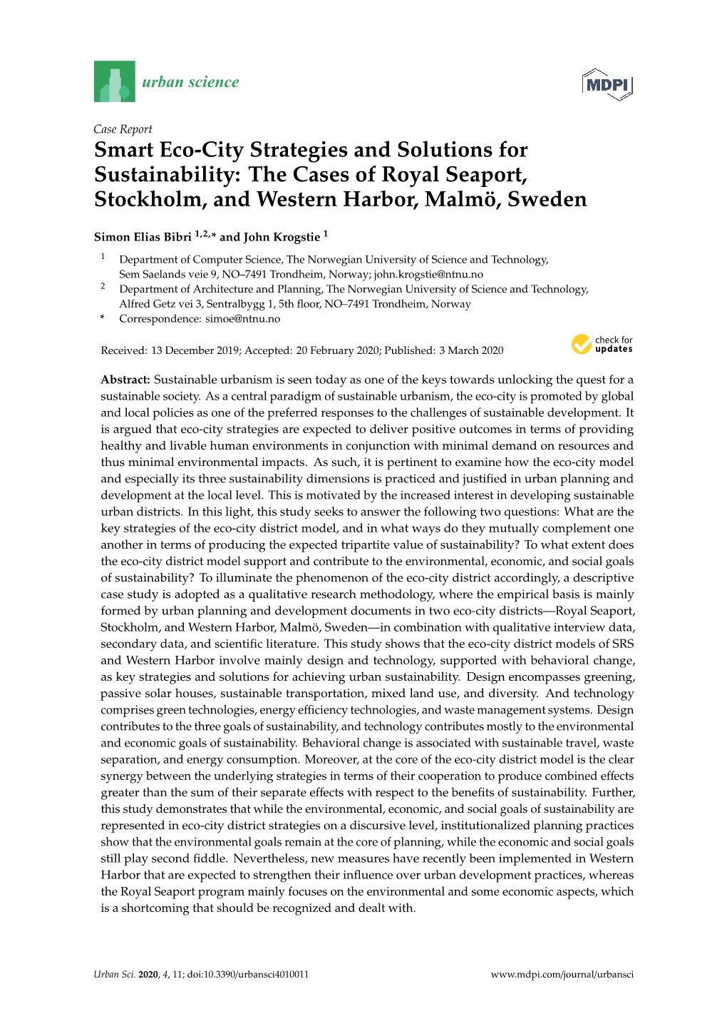 Smart Eco-City Strategies and Solutions for Sustainability: the Cases of Royal Seaport, Stockholm, and Western Harbor, Malmö, Sweden