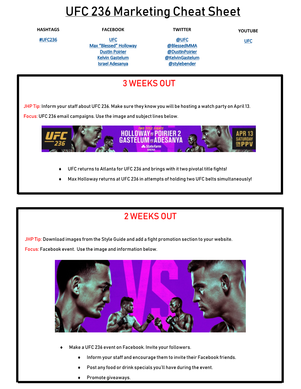 UFC 236 Marketing Cheat Sheet