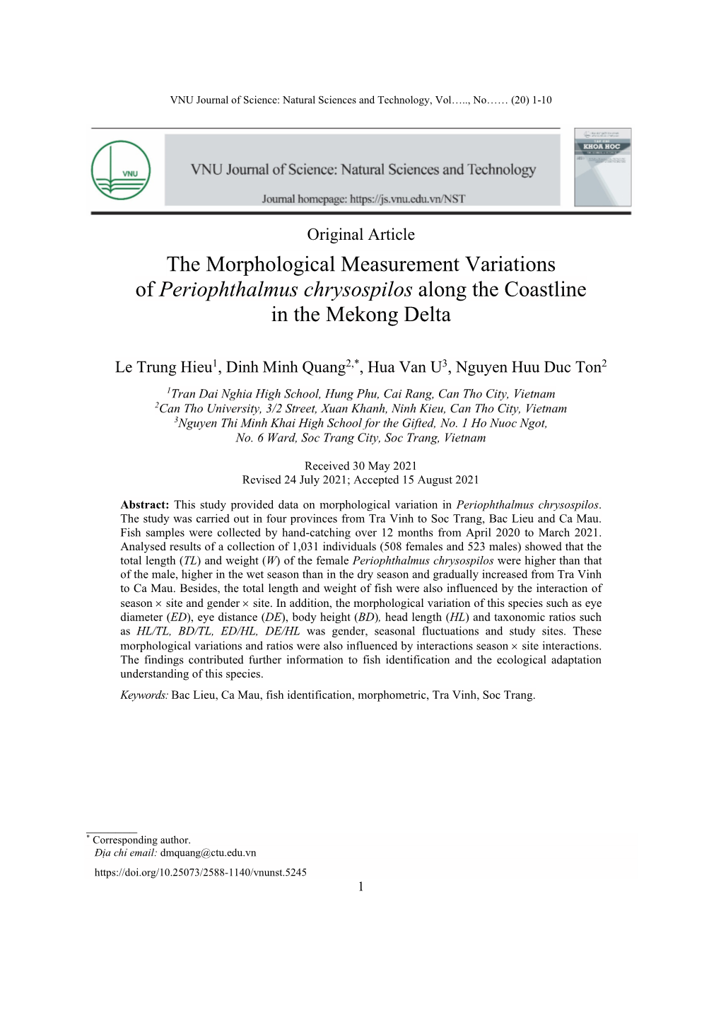 The Morphological Measurement Variations of Periophthalmus Chrysospilos Along the Coastline in the Mekong Delta