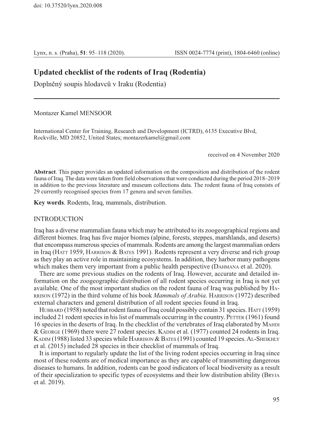 Updated Checklist of the Rodents of Iraq (Rodentia) Doplněný Soupis Hlodavců V Iraku (Rodentia)