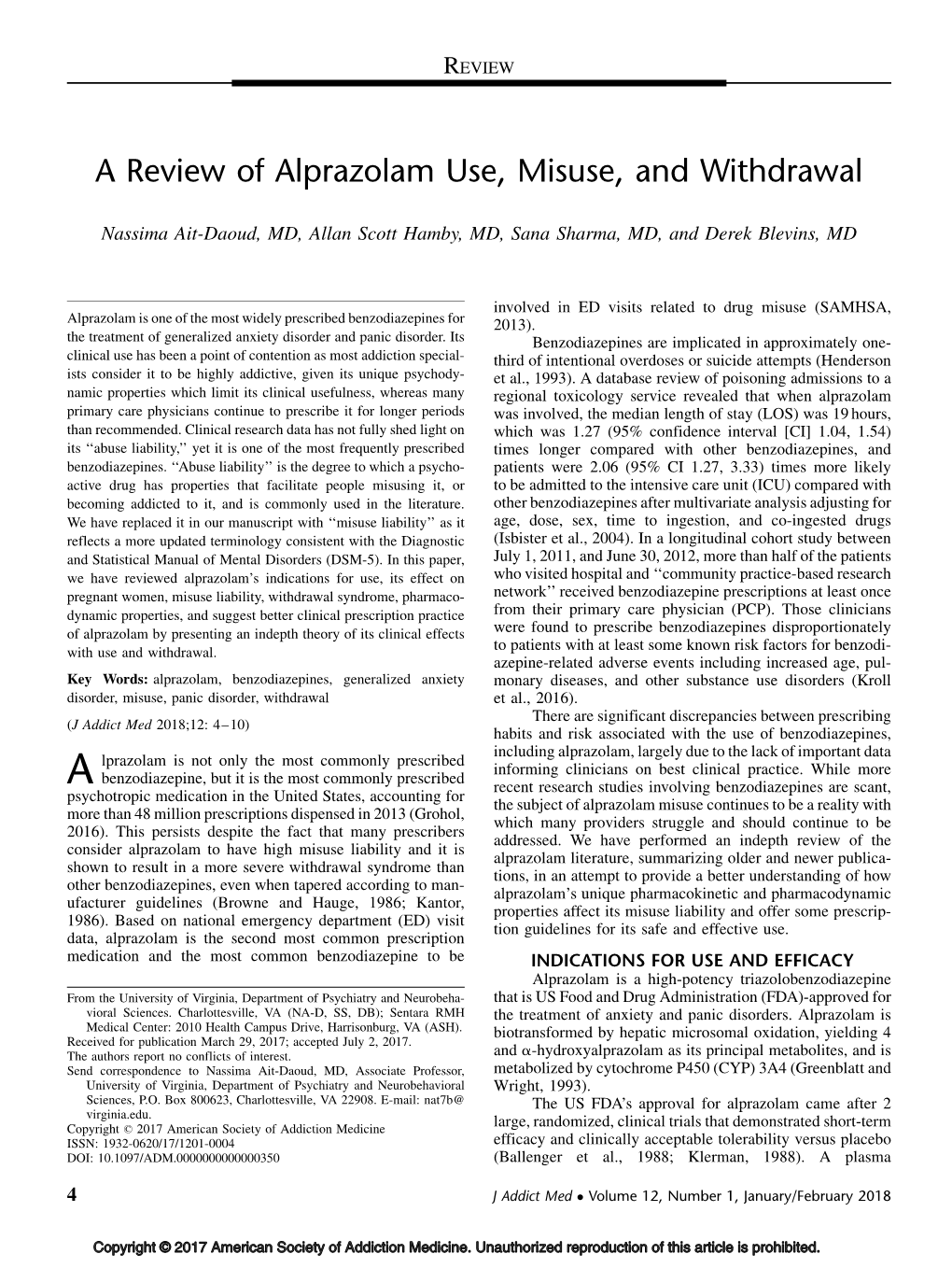 A Review of Alprazolam Use, Misuse, and Withdrawal Copyright © 2017 American Society of Addiction Medicine