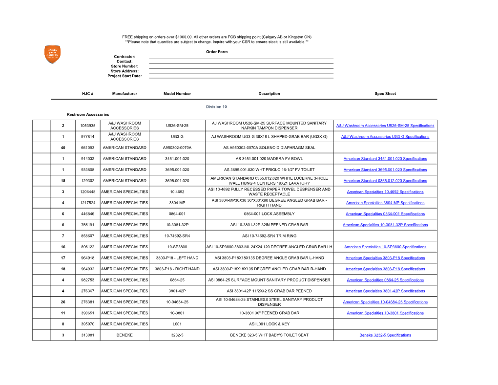 HJC # Manufacturer Model Number Description Spec Sheet