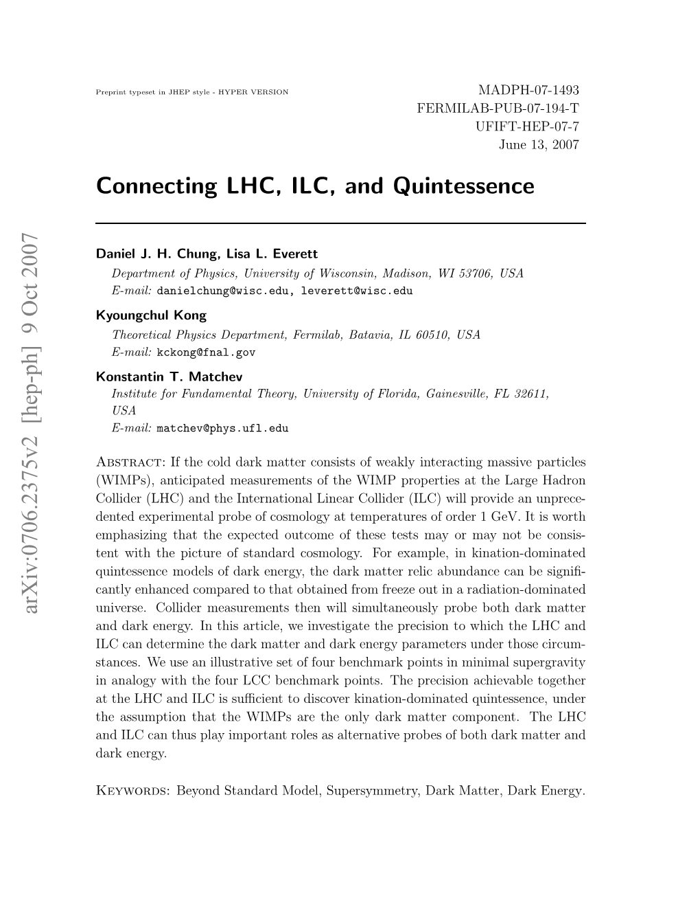 Connecting LHC, ILC, and Quintessence