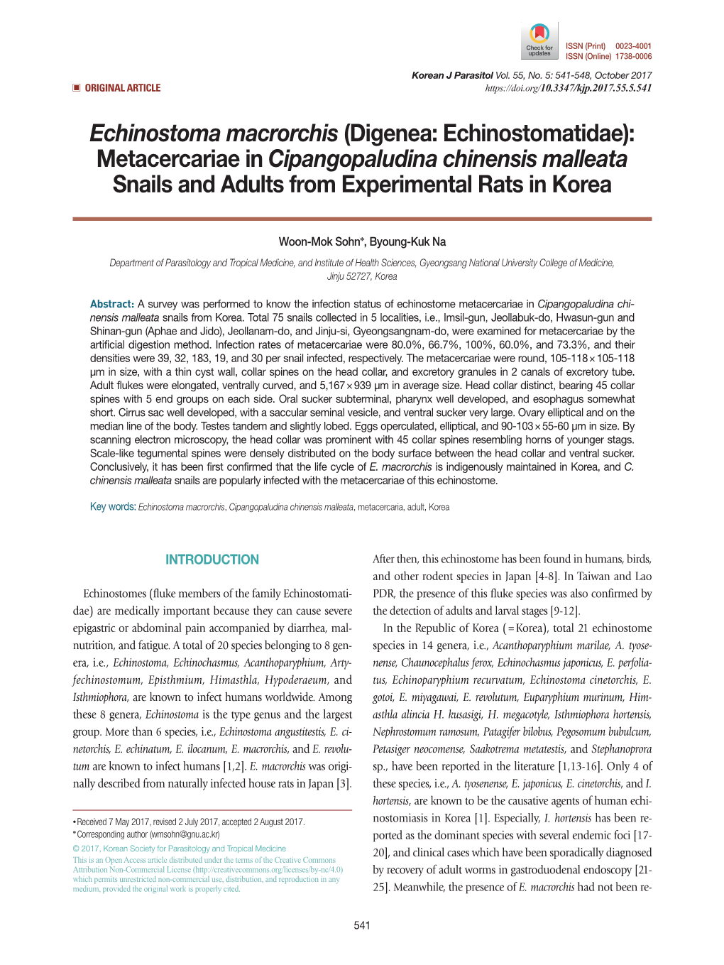 Echinostoma Macrorchis (Digenea: Echinostomatidae): Metacercariae in Cipangopaludina Chinensis Malleata Snails and Adults from Experimental Rats in Korea