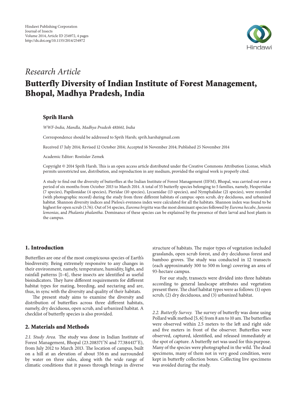 Research Article Butterfly Diversity of Indian Institute of Forest Management, Bhopal, Madhya Pradesh, India