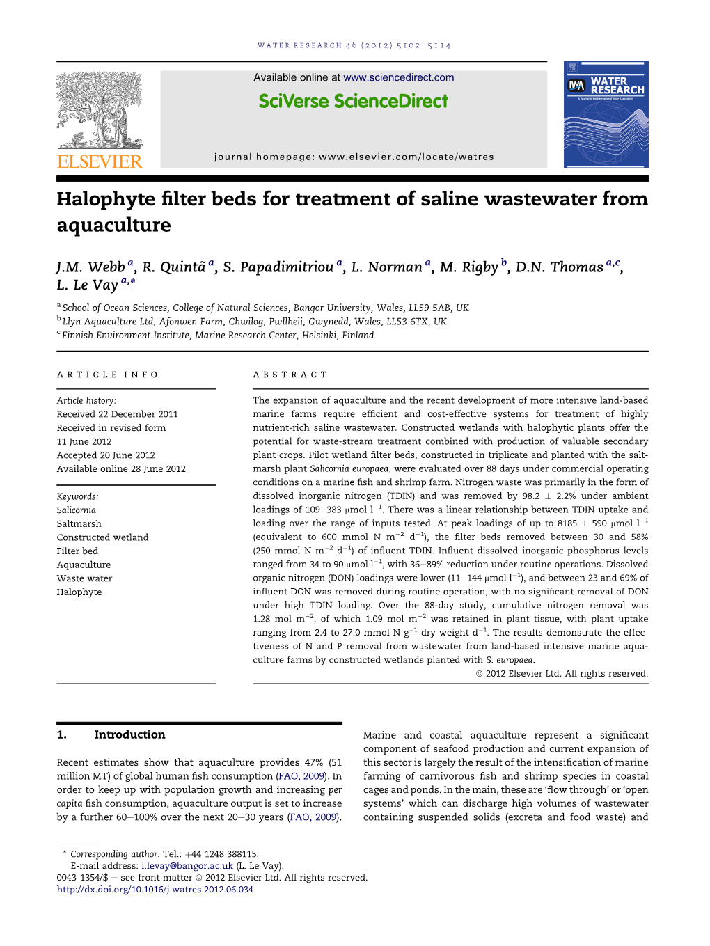 Halophyte Filter Beds for Treatment of Saline Wastewater from Aquaculture