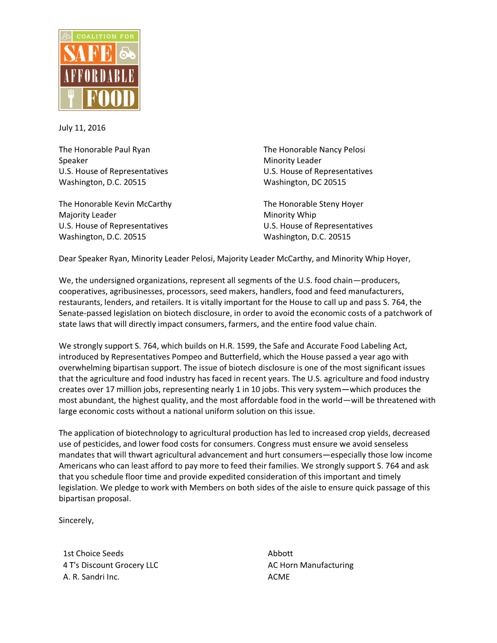 Coalition Letter to House Leadership Supporting S. 764 (Roberts