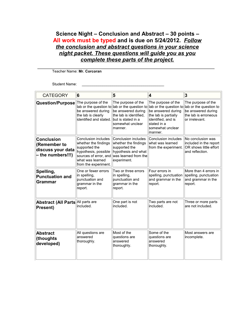 Science Night Conclusion and Abstract 30 Points All Work Must Be Typed and Is Due on 05/26/2010