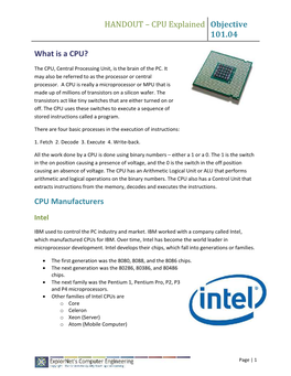 HANDOUT – CPU Explained Objective 101.04