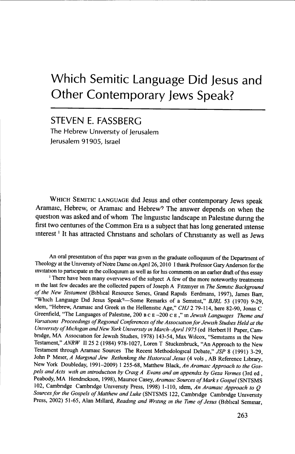 Which Semitic Language Did Jesus and Other Contemporary Jews Speak?