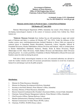5:30 PM 18 July-2019 Government of Pakistan Ministry of Water