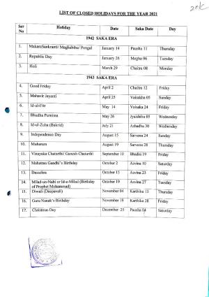 List of Closed Holiday and Restricted Holiday