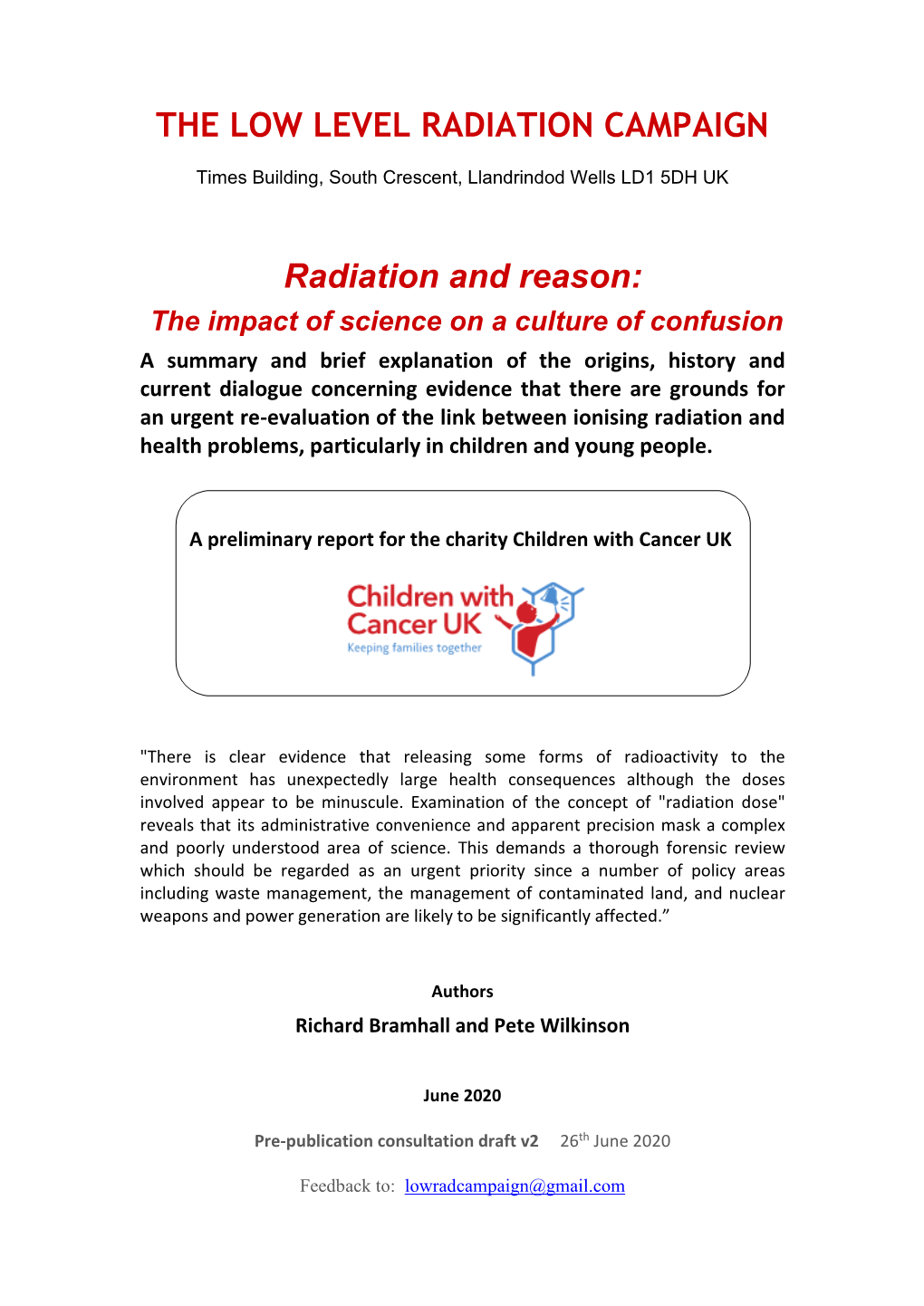 Preliminary Report for the Charity Children with Cancer UK