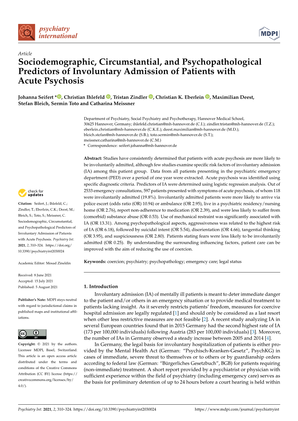 Sociodemographic, Circumstantial, and Psychopathological Predictors of Involuntary Admission of Patients with Acute Psychosis