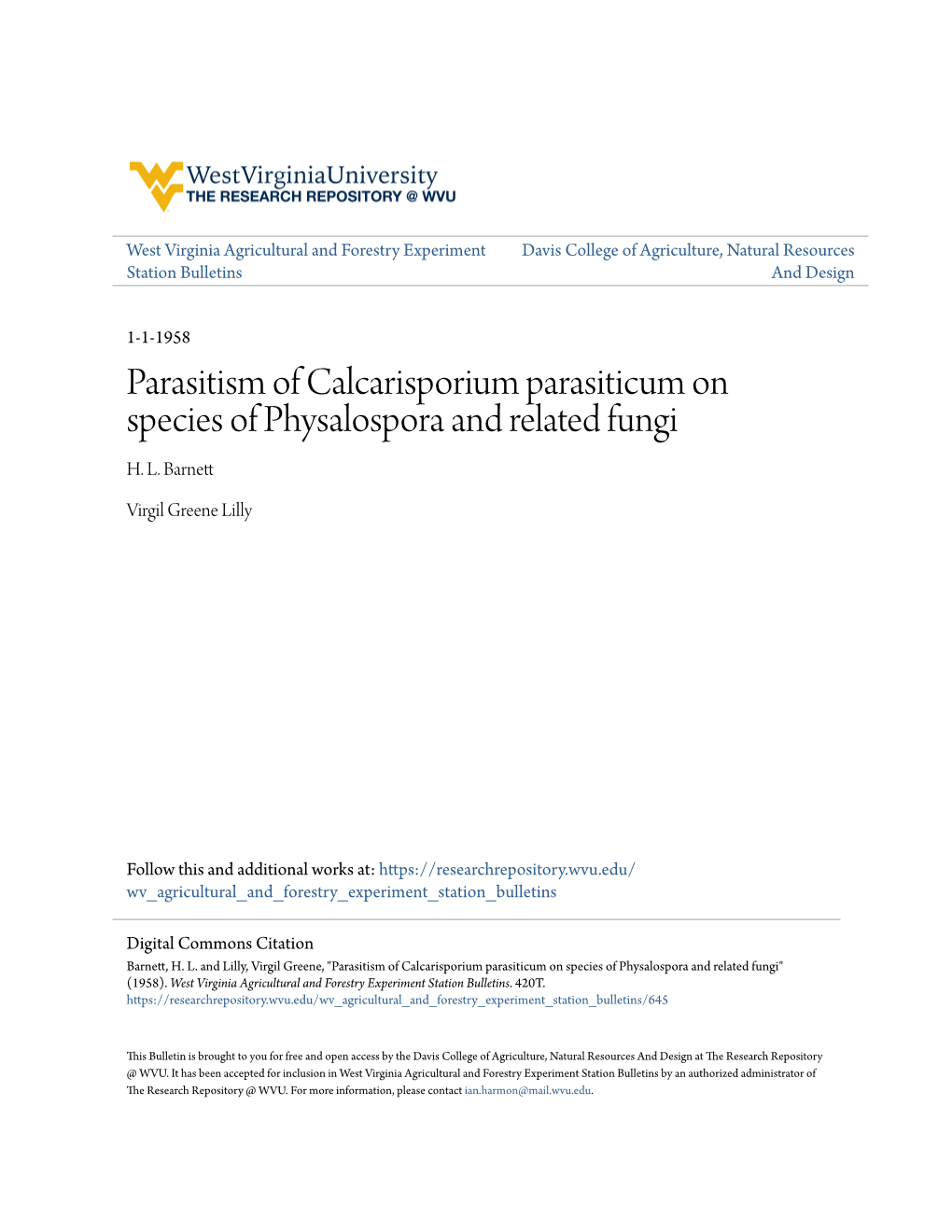 Parasitism of Calcarisporium Parasiticum on Species of Physalospora and Related Fungi H