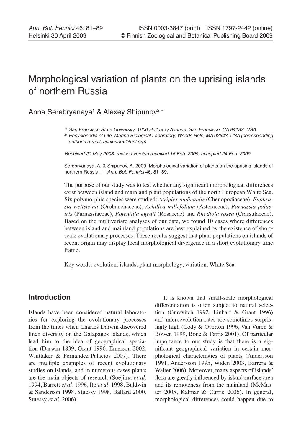 Morphological Variation of Plants on the Uprising Islands of Northern Russia