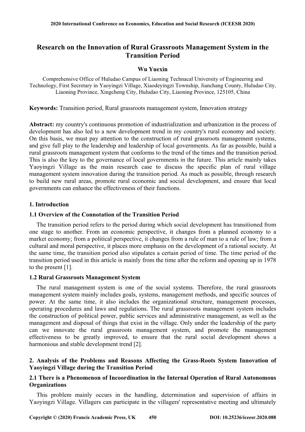 Research on the Innovation of Rural Grassroots Management System in the Transition Period